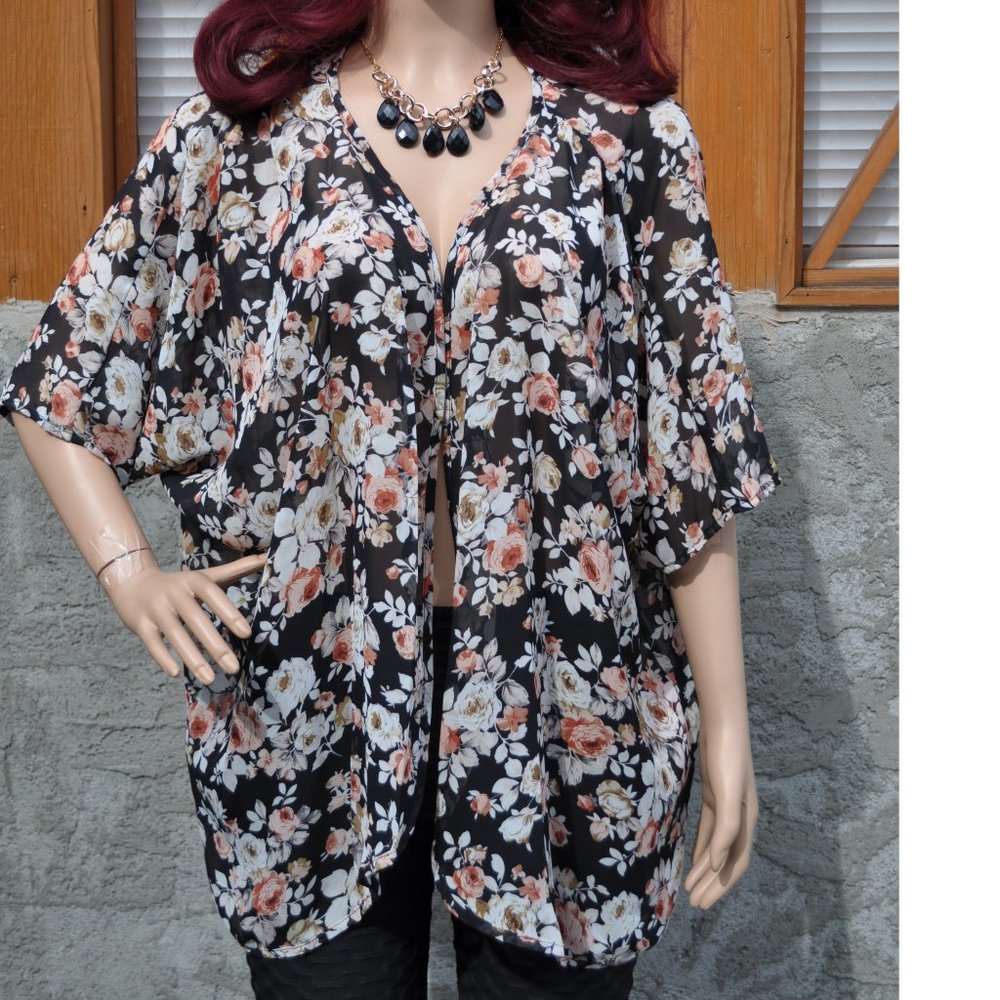 Bohemian Bikini Cover Up Floral Short Sleeve Cardigan Print Chiffon Fabric